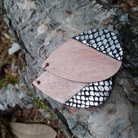 J.Monique Accessories - Wood/ Teardrop Statement Earrings w/ Exotic Print Faux Leather Detail